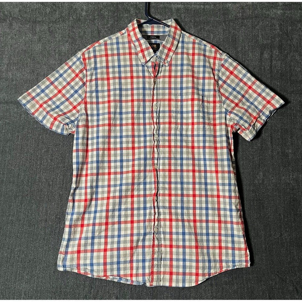 Lee Mens Regular Fit Stretch Plaid Large Short Sleeve Button Down Shirt Red Blue